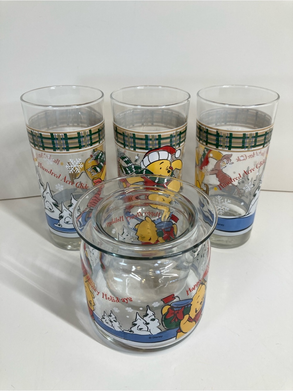 Vintage Disney Winnie The Pooh Glass Set of 3 + Candle Holder Christmas Anchor